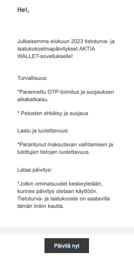 Esimerkki kalasteluviestistä, tietoturvapäivitykset